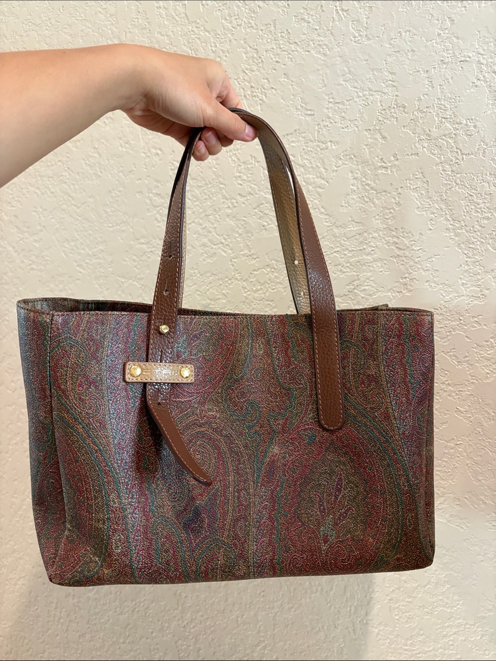 Etro Paisley Pattern Brown Leather-Trim Tote Bag - Picture 14 of 14